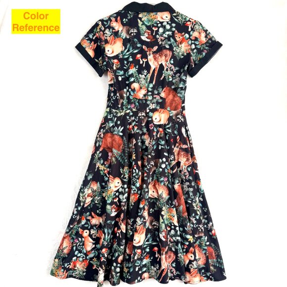UNIQUE VINTAGE Woodland Creature Forest Fairy Swing Retro Collared Dress S - Picture 3 of 4